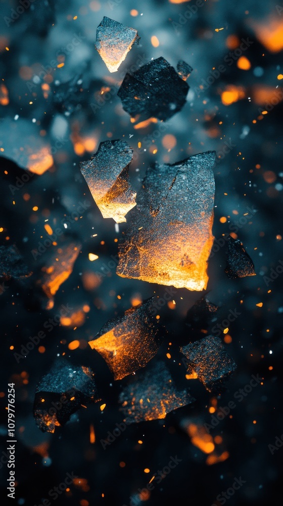 Poster abstract image of glowing shards and particles in dark space.