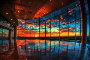 Breathtaking sunset reflected in the glass walls of a modern building