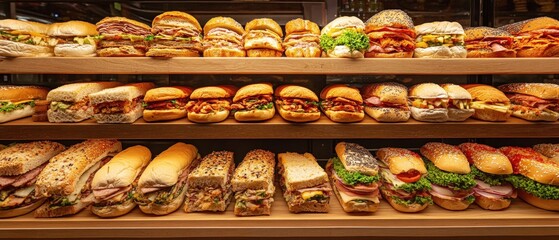 Variety of delicious sandwiches and burgers on display in a bakery or deli