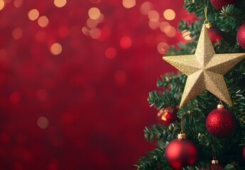 Christmas tree with a golden star and red ornaments on the right side of an empty space, against a red background with blurred lights. 