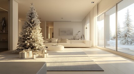 Elegant and minimalist Christmas room, sleek white-themed Christmas tree with silver accents, minimalistic decor, bright and spacious living room with neutral tones,