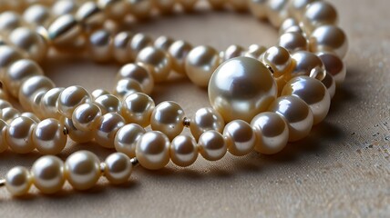Large and small white pearls arranged in a delicate necklace pattern, without a background, creating a sophisticated design element