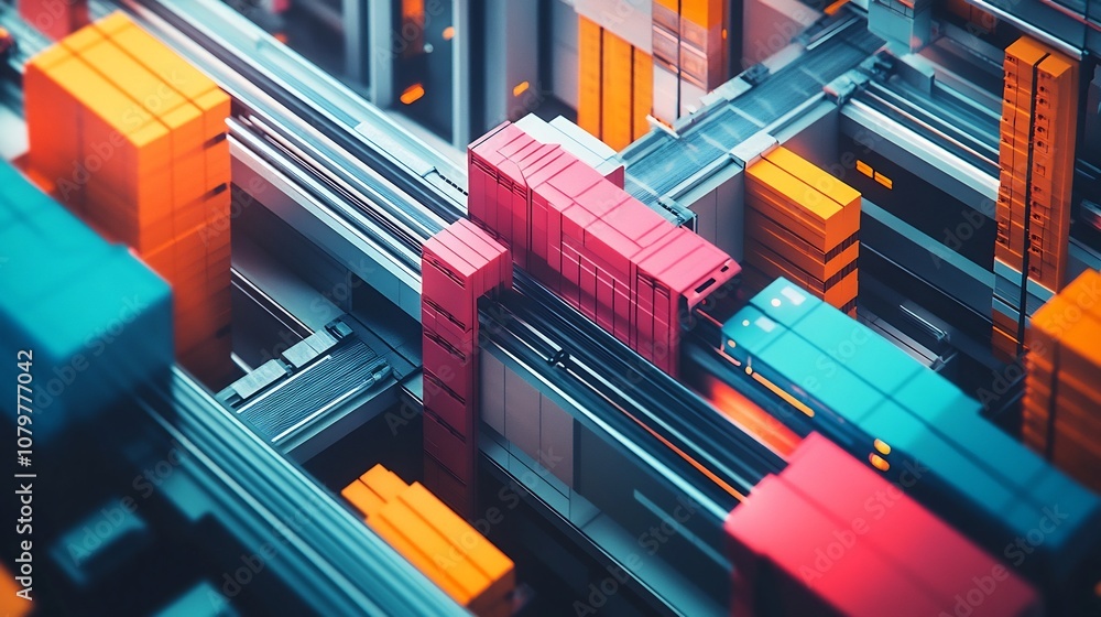 Poster automated distribution center with efficient goods flow and futuristic tech aesthetics