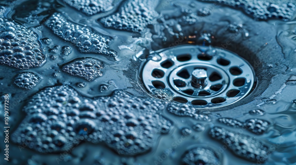 Poster close-up view of water droplets and bubbles around a metal drain in a sink with reflective surfaces 