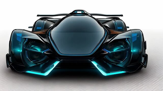 Futuristic Sports Car:  A sleek, dark blue concept car with vibrant teal accents dominates the frame, showcasing its aerodynamic design and cutting-edge technology. The image evokes speed, innovation.