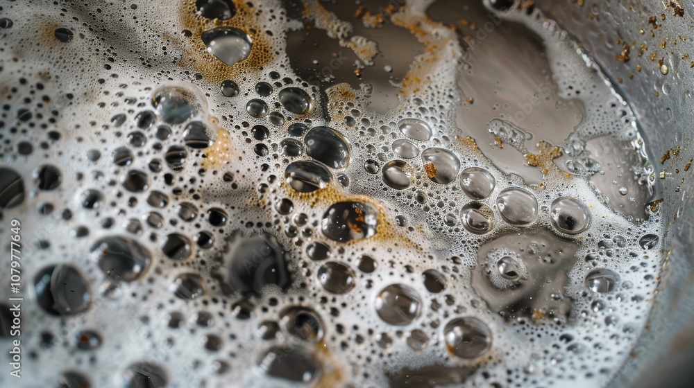 Poster close-up view of bubbling soap foam and water surface in a pan, abstract texture with soft light ref