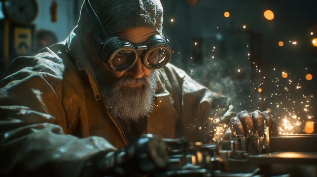 Bearded man in goggles working on machinery with sparks flying