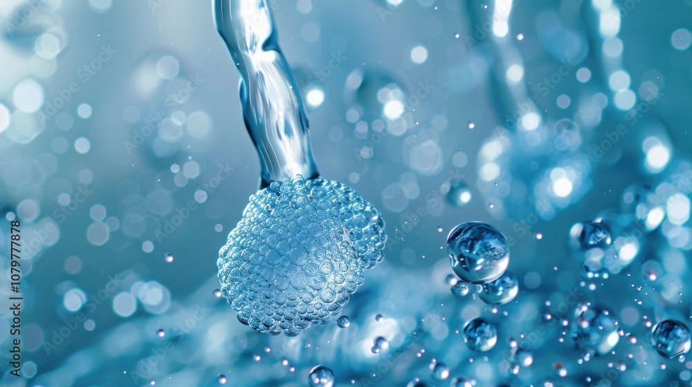 Poster clear water droplets falling on surface creating bubbles and ripples in a dreamy aquatic environment