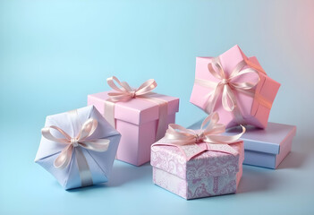 Beautifully wrapped gift boxes in pastel colors with ribbons create festive atmosphere. Perfect for...