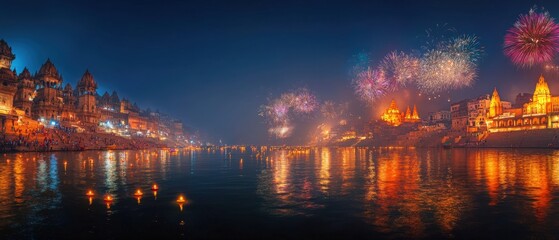 Spectacular fireworks display over an ancient city by the river at night