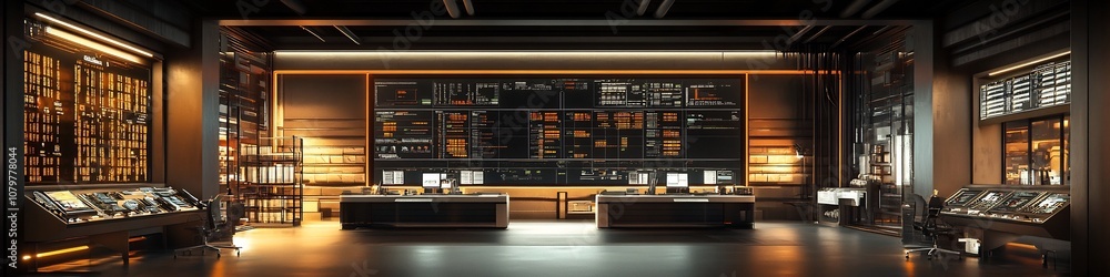 Poster futuristic inventory management control center with advanced digital displays and streamlined