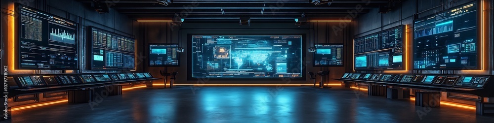Poster futuristic inventory management control center with advanced digital displays and analytics