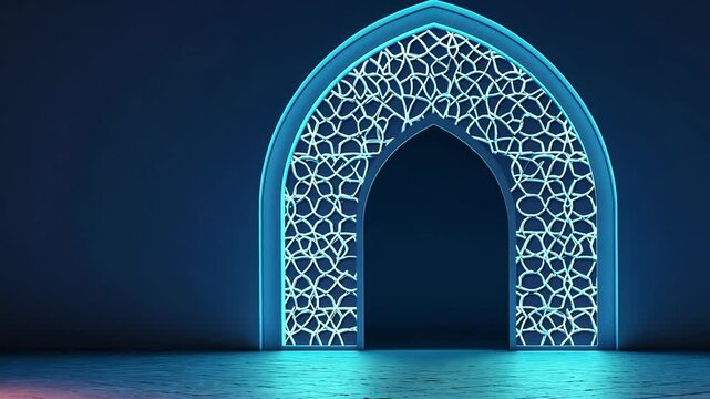 arched doorway with intricate, light-blue designs. Islamic Dark background.