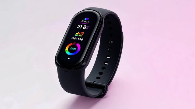 Fitness Tracker on Gradient Background: A sleek black fitness tracker with a vibrant color display showcasing health data, resting on a gradient pink and purple background.
