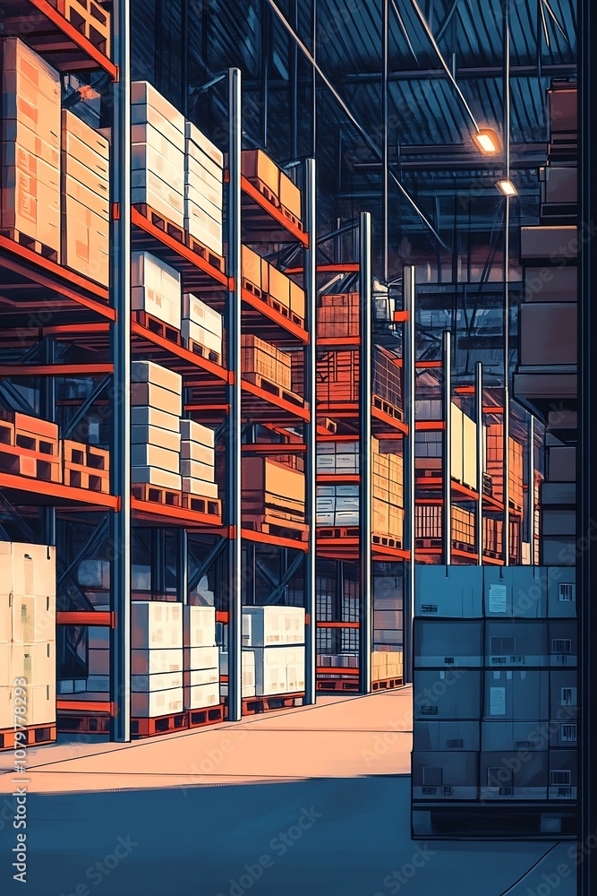 Poster organized warehouse shelves with efficient inventory management and logistic workflow