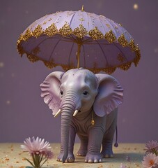 3D animated baby elephant in a Thai chong kraben, pastel lavender with gold accents, holding an ornate parasol with tiny chimes, large ears flapping gently, in a soft light pastel studio environment. 