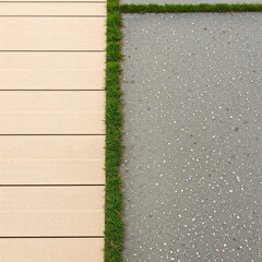 Fototapeta premium A stylish outdoor space with a contrasting design of wood and concrete, separated by a strip of green grass