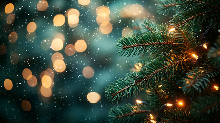 Real photography, indoor composition, large aperture, shallow depth of field, medium shot, softly blurred Christmas tree adorned with light decorations and light spots, clean and tidy image, blank des