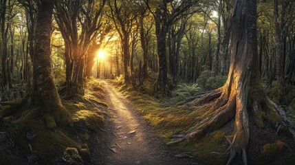 Obraz premium Enchanting forest path with sunlight streaming through the trees