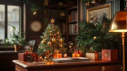 Elegant Christmas office setup, stylish desk with a small Christmas tree adorned with gold ornaments, festive desk organizer with holiday-themed stationery, warm ambient light,