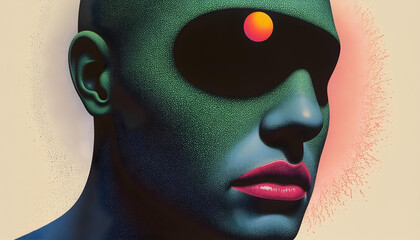 surreal portrait of person with green skin and large black sunglasses, featuring bright orange circle on forehead, evoking sense of mystery and intrigue