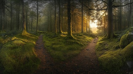 Fototapeta premium Enchanting forest path at sunset with lush moss-covered trees