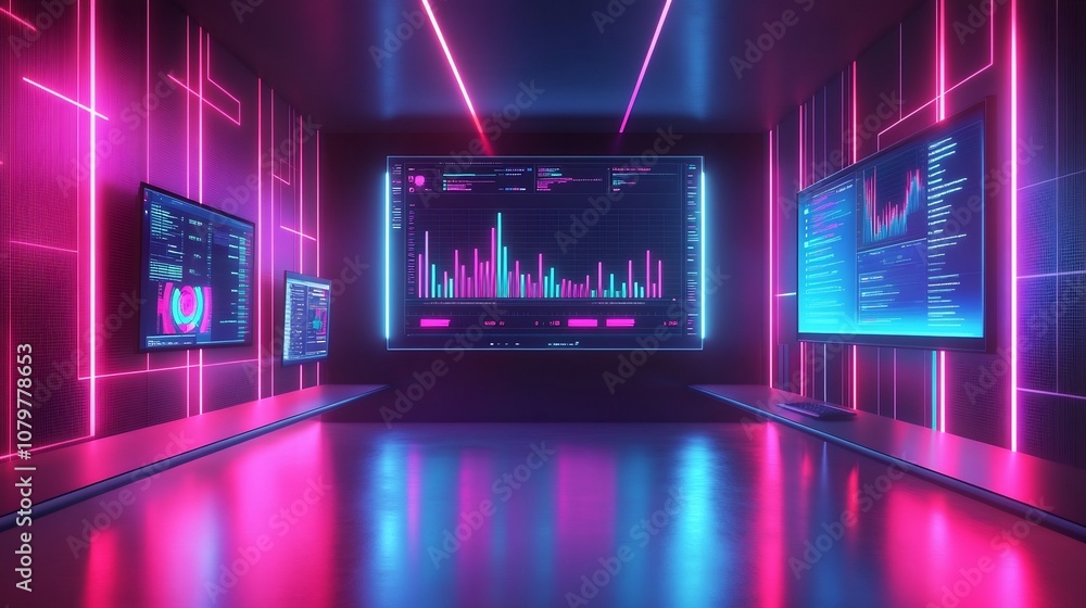 Poster comprehensive futuristic data visualization dashboard with sleek 3d rendered office interior design