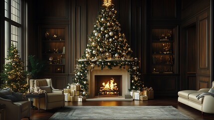 Obraz premium Elegant living room decorated for a modern glam Christmas, chic Christmas tree adorned with gold and silver ornaments, stylish fireplace mantle with shimmering garlands,