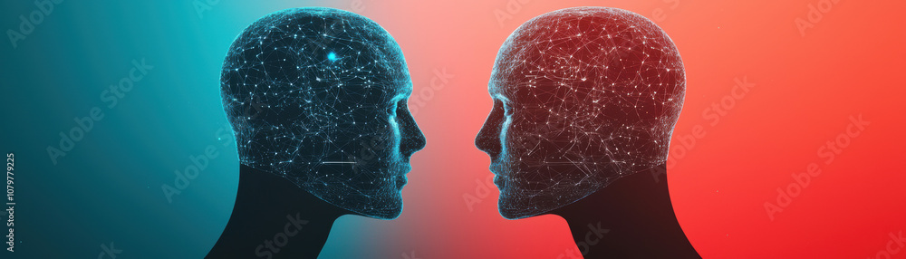 Poster quantum computing data analytics concept. two abstract human heads facing each other, made of interc