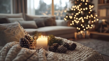 Elegant Scandinavian Christmas setup, cozy room with light wood furniture, neutral-toned decorations, pine cones, candles, and soft wool blankets, warm light creating a serene feel, detailed textures,