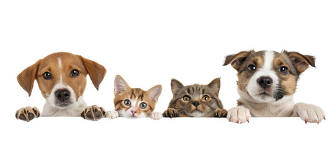 Dogs and Cats Peeking Over Web Banner isolated on transparent background 