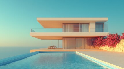 Fototapeta premium Modern villa with pool and scenic view at sunset.
