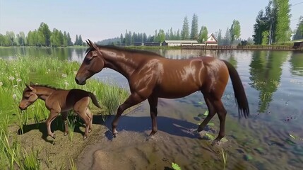 a horse was walking with its calf on the lake