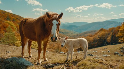 a horse was walking with his calf in the mountains