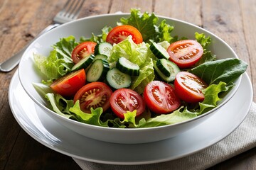 Fresh Salad Bowl with Lettuce, Tomatoes, and Cucumbers on a White Plate