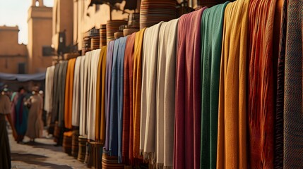 Obraz premium Vibrant Ancient Marketplace in Marrakech s Bustling City Streets with Colorful Textiles and Warm Sunlight