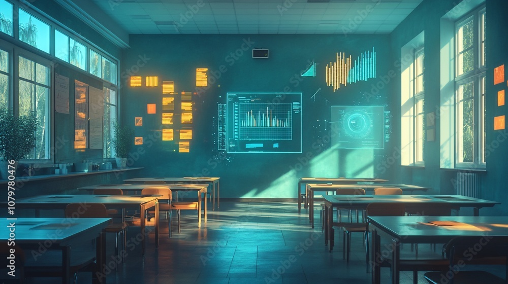 Poster empty classroom with futuristic technology.