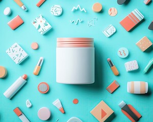 minimal makeup layout pastel cosmetic branding,  beauty flatlay concept,pastel cosmetic flatlay with pastel cosmetic packaging and pastel cosmetic container on vibrant background,cosmetic flatlay 