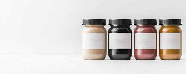 A collection of jars filled with colorful spreads, each labeled distinctly. Ideal for showcasing diversity in food options and culinary creativity.