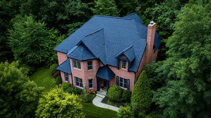 Aerial View of a Brick House with a Blue Roof Surrounded by Trees