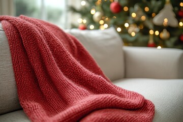 Christmas decorations in a cozy room with a white sofa, red blanket, and a beautifully decorated...