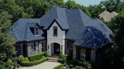 A Blue Roofed Brick House with Greenery
