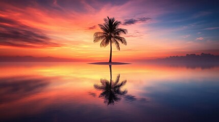 Stunning tropical sunset with a silhouetted palm tree reflecting in the calm waters