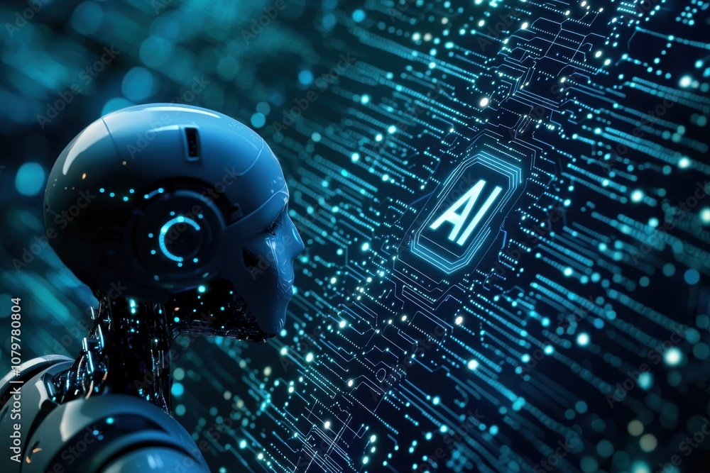 Poster a futuristic robot gazes at a glowing 