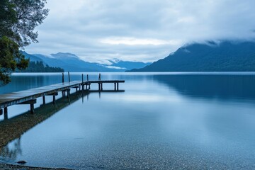 Wooden dock extending over a still, blue lake with a mountain range in the background.