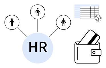 HR central hub connecting to employees, wallet with payroll card, and payroll register. Ideal for HR processes, payroll management, employee benefits, financial services, organizational charts