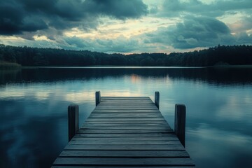 Naklejka premium Wooden dock extending over a calm lake with a dramatic sky.