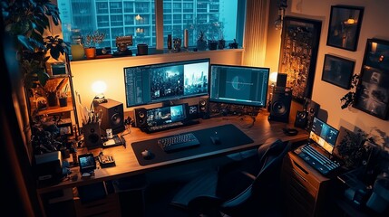 A Modern Home Office Space with a Desk, Computers, and Speakers