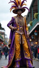 Obraz premium Portrait of a man in a Mardi Gras carnival costume on stilts, giant figure, festive and dramatic, vibrant colors and rich details