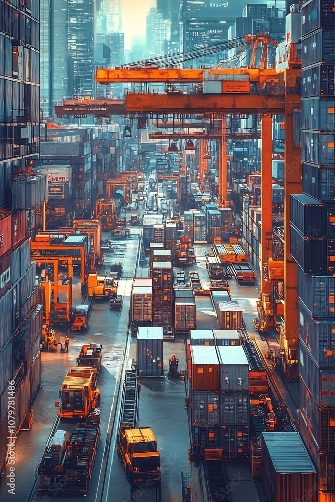 Poster aerial view of bustling shipping yard with cargo containers and automated systems